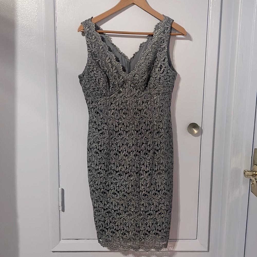 Adrianna Papell gray lace cocktail dress.